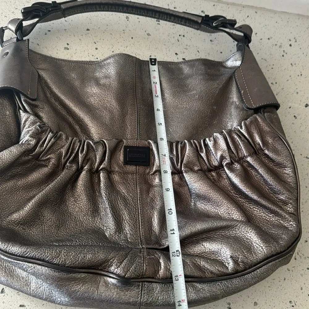 Burberry Warrior Metallic Pewter Leather Satchel Shoulder Handbag Hobo Ruched
